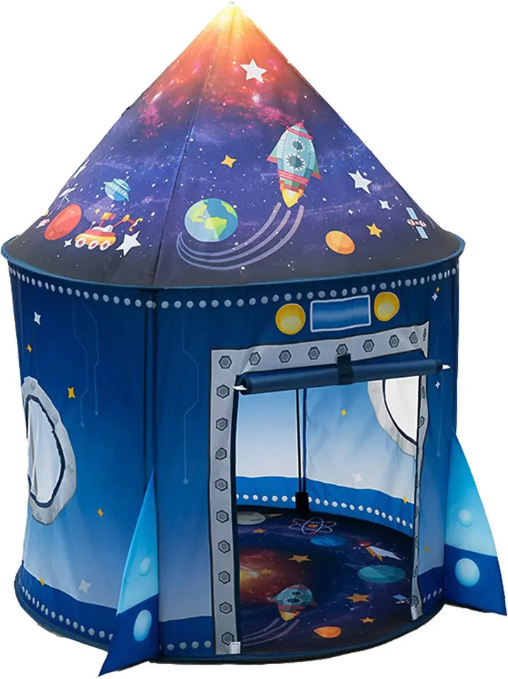 Blue space-themed play tent with a pointed roof, rocket illustrations, and an open front doorway.