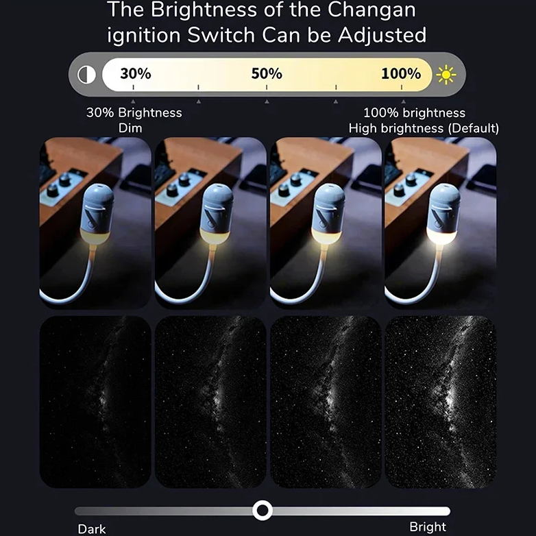 LED galaxy lamp brightness settings with dim and bright projection examples