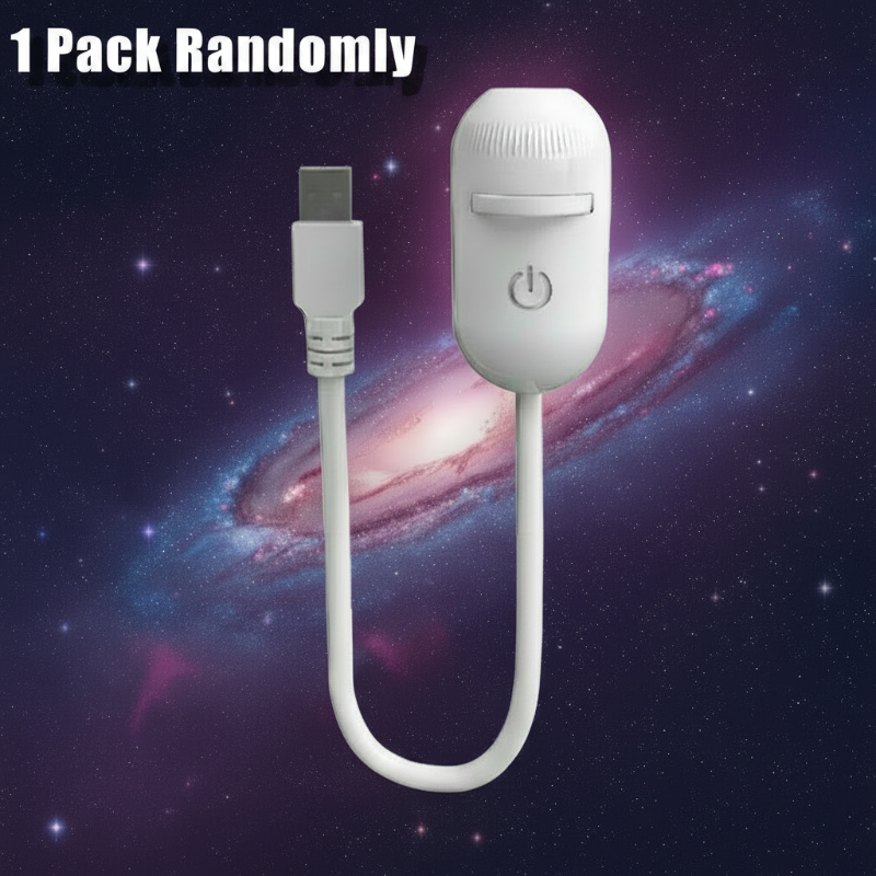 White galaxy lamp showing the power button, disc slot, flexible neck, and USB connector