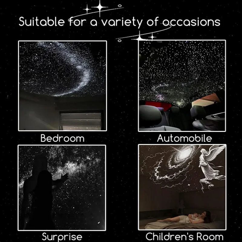 Galaxy light projection examples in a bedroom, car, and children&