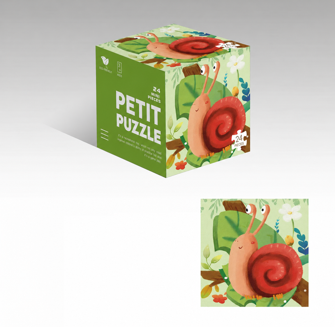 Snail jigsaw puzzle with a red shell, garden scenery, and matching cube box