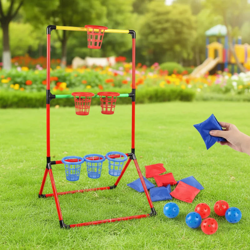 Outdoor basket toss set with red and blue beanbags and balls on the grass.