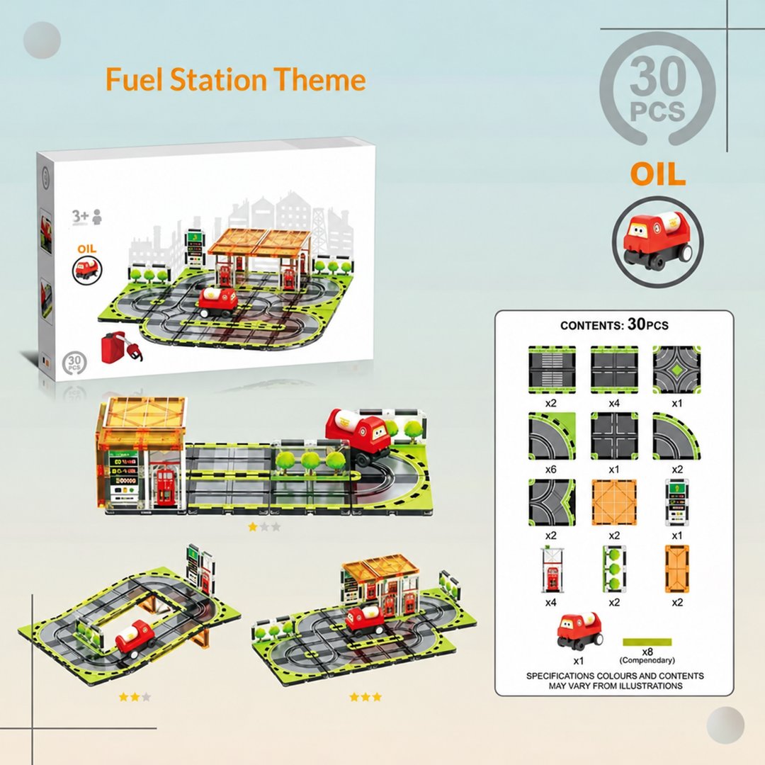 30-piece gas station magnetic road set with a red vehicle and fuel station layouts