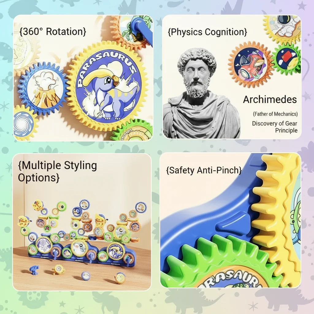 Gear set feature collage showing interlocking gears and several building arrangements.