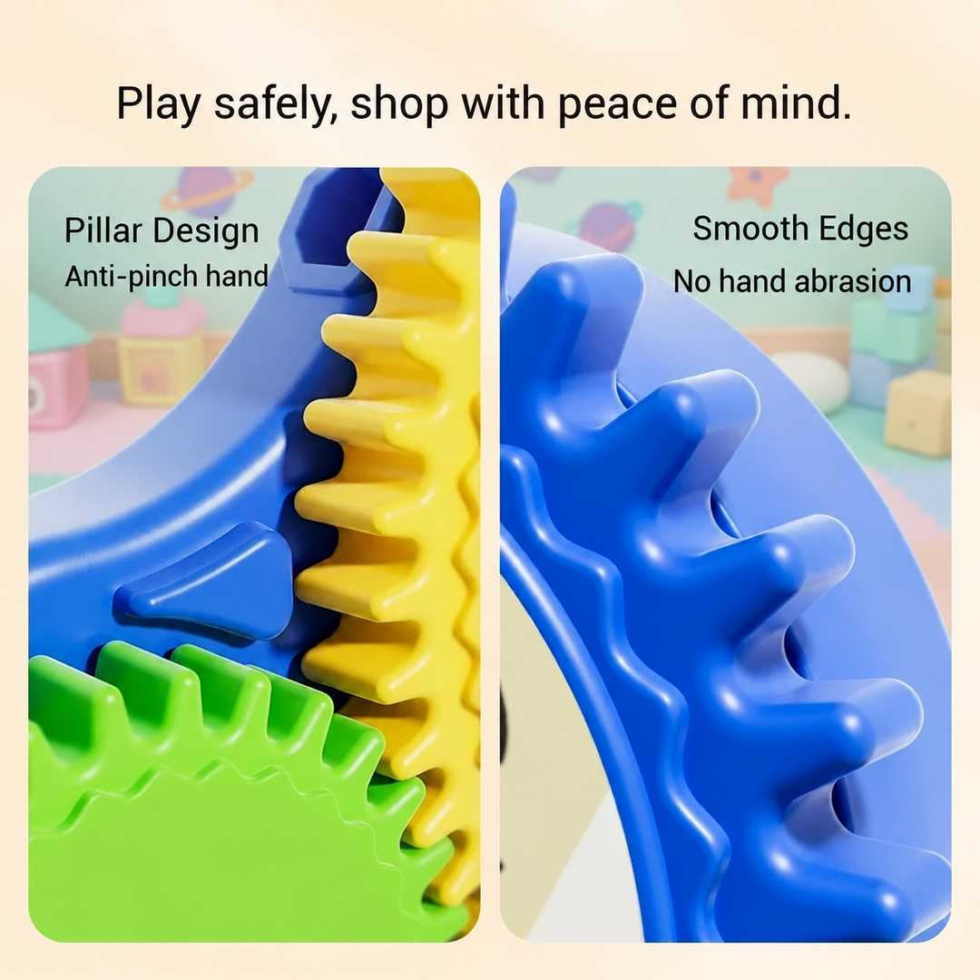 Close-up of yellow and green gear teeth beside blue support posts.