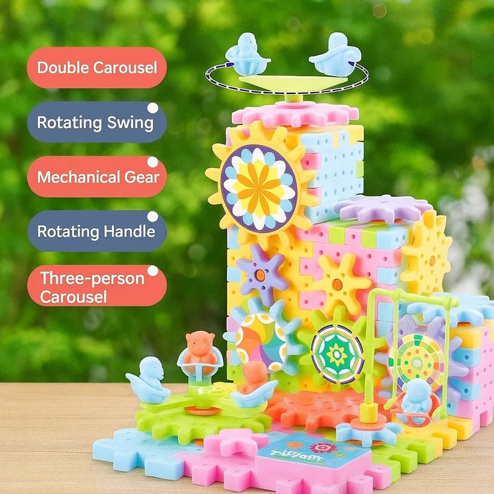 Gear tower with labeled carousel, swing, mechanical gear, and rotating handle features.