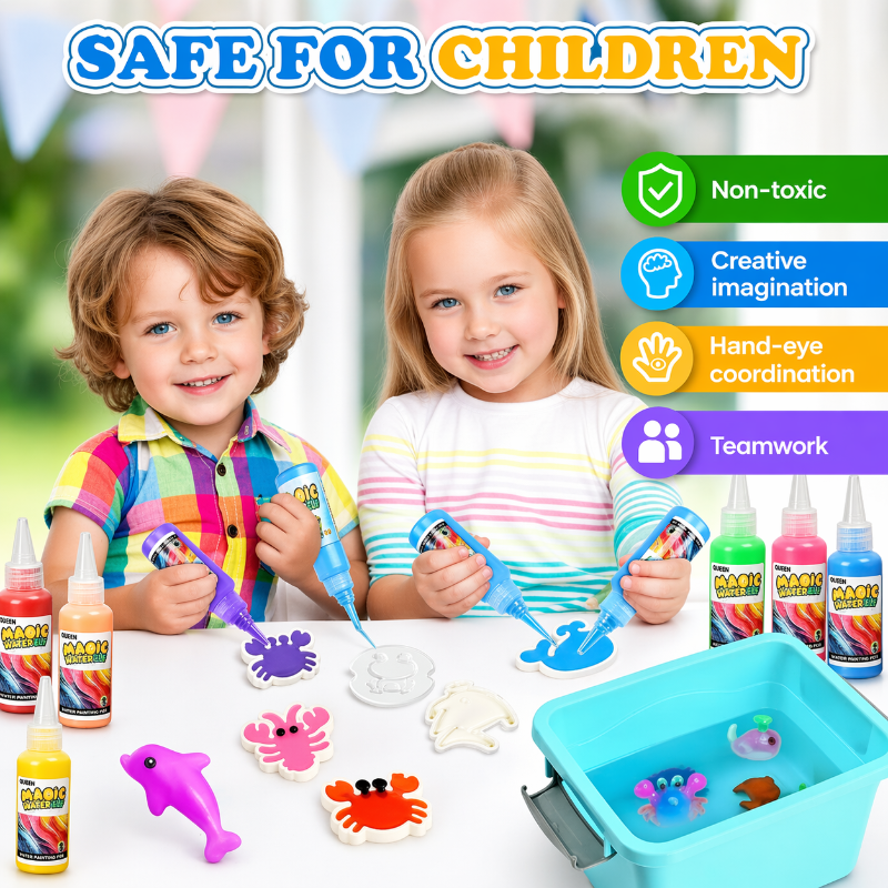 Two children with gel bottles, animal-shaped creations, molds, and a blue container