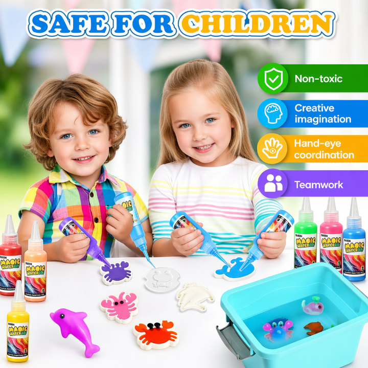 Two children with gel bottles, animal-shaped creations, molds, and a blue container