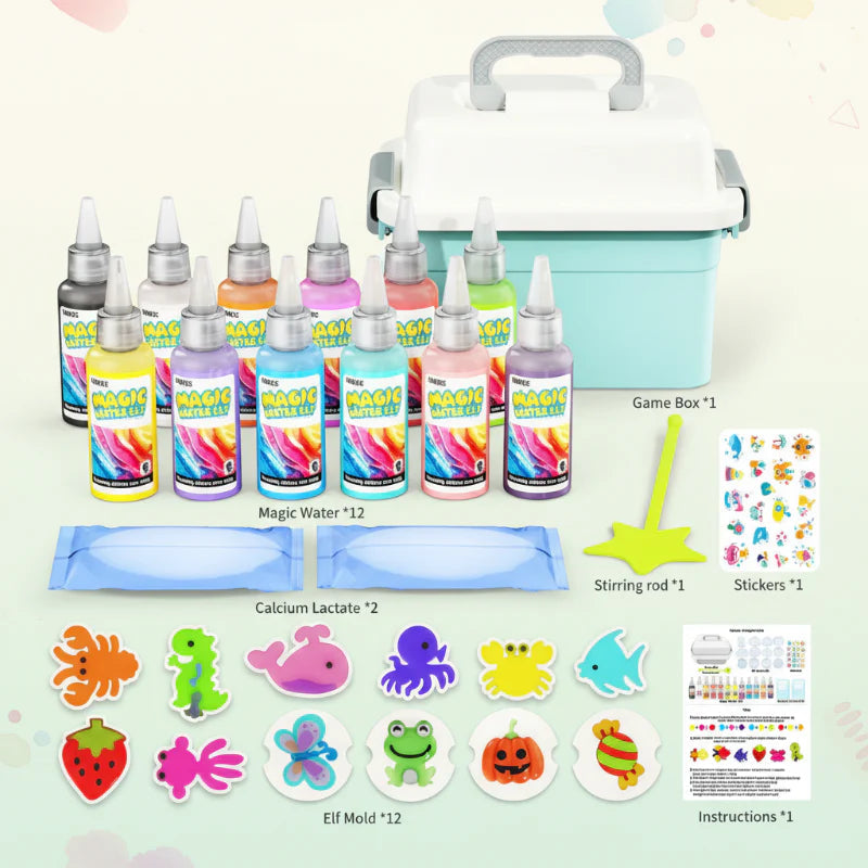 Gel craft kit with colored squeeze bottles, 12 shape molds, a lidded container, and mixing accessories