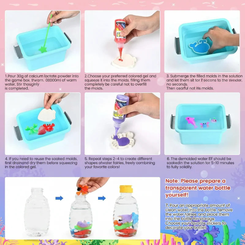 Illustrated steps for mixing the water solution, filling molds, and releasing gel shapes