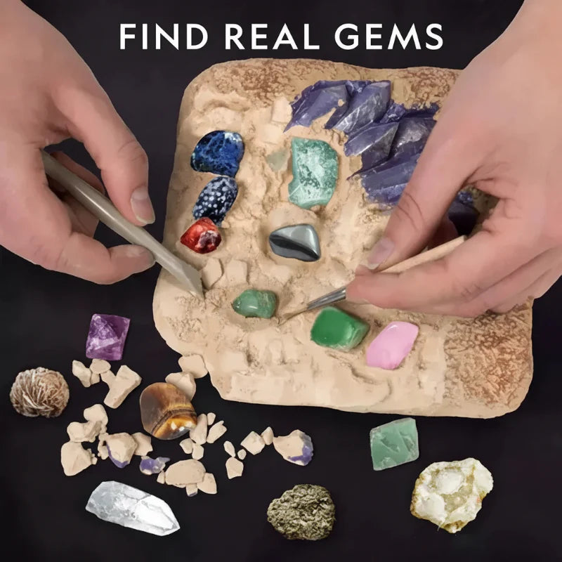 Hands uncovering colorful gemstones embedded in a plaster excavation block