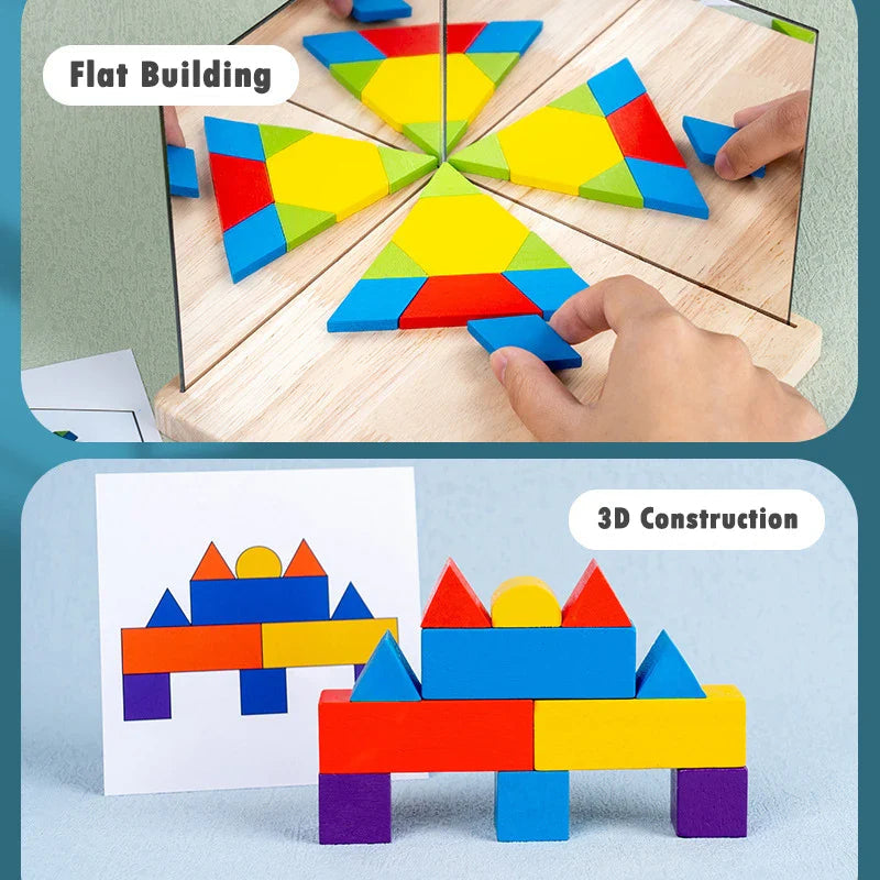 Wooden geometric blocks arranged in a flat mirrored pattern and an upright building design.
