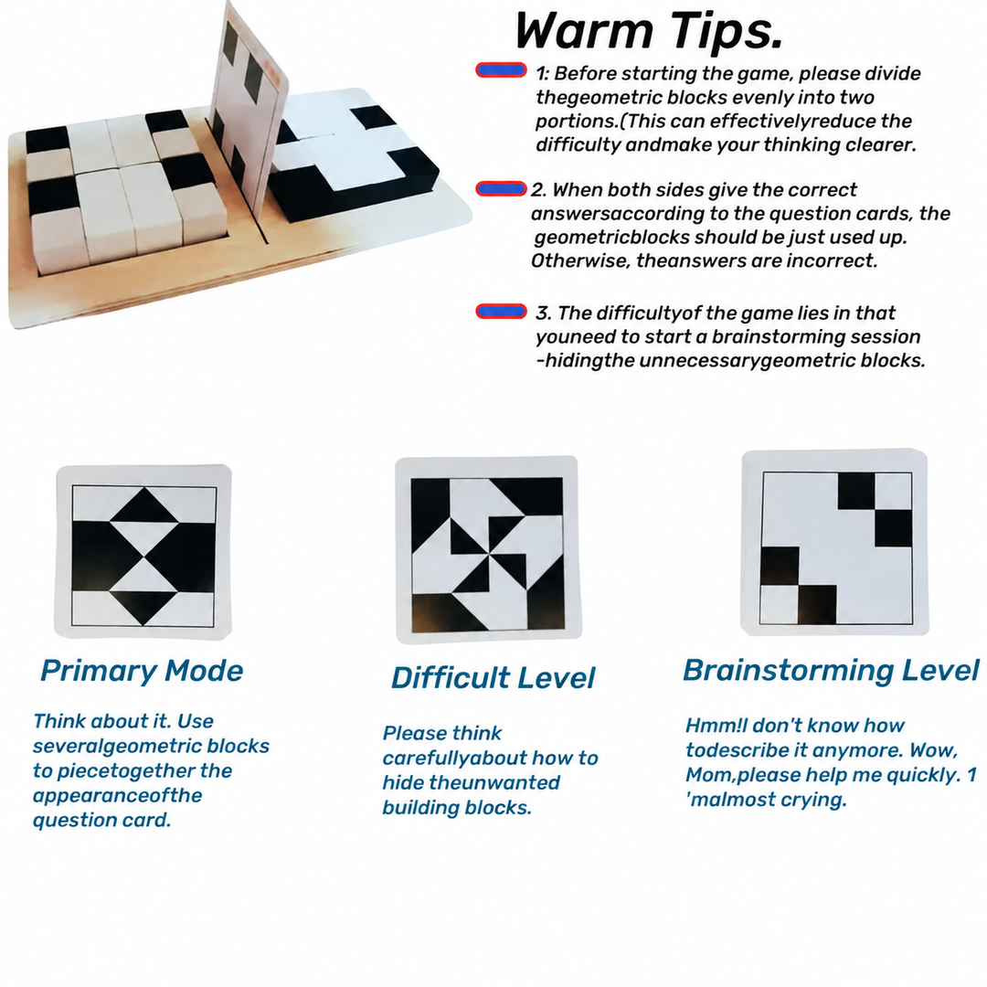 Pattern puzzle guide showing a divided board and three levels of geometric card designs