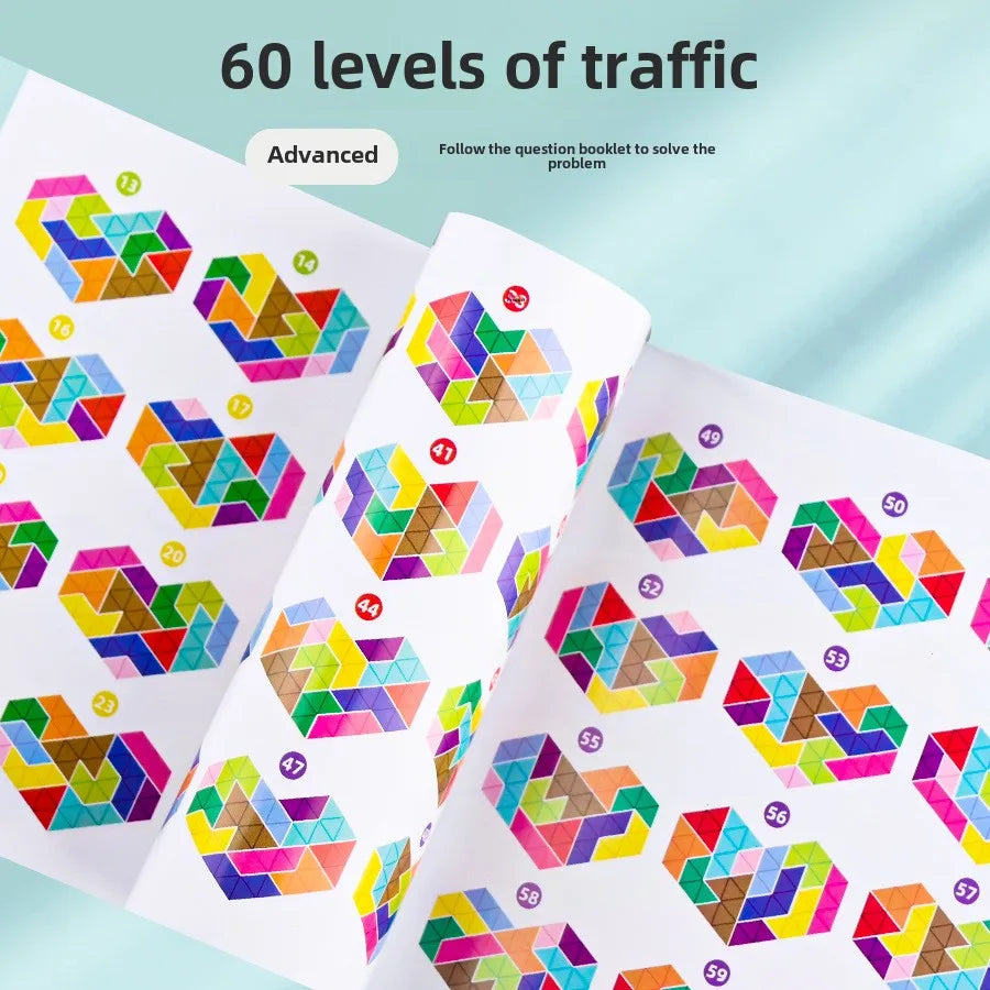Activity booklet pages showing multicolored geometric patterns for 60 puzzle challenges