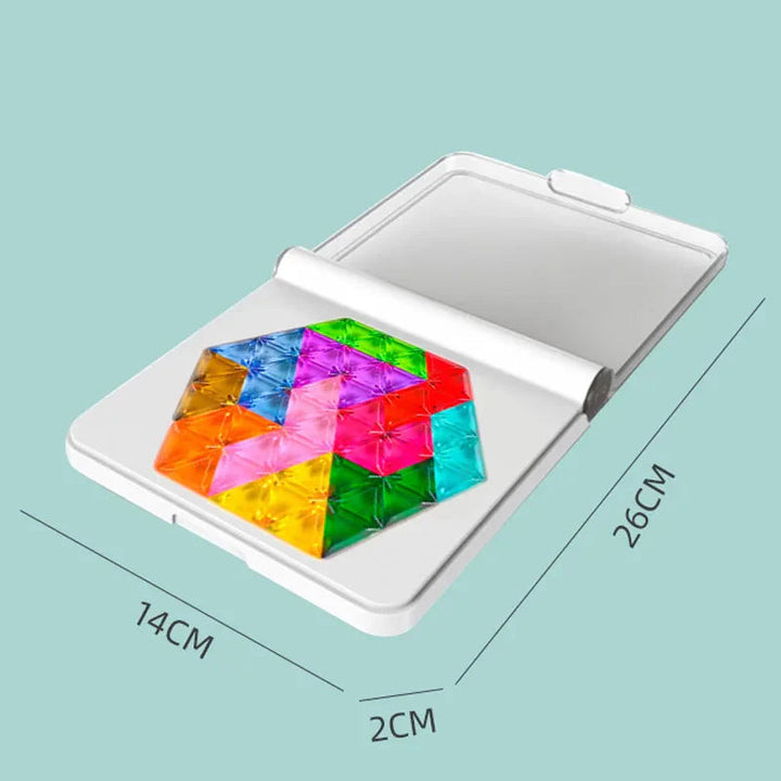 Open geometric puzzle board with measurements of 26 x 14 x 2 cm