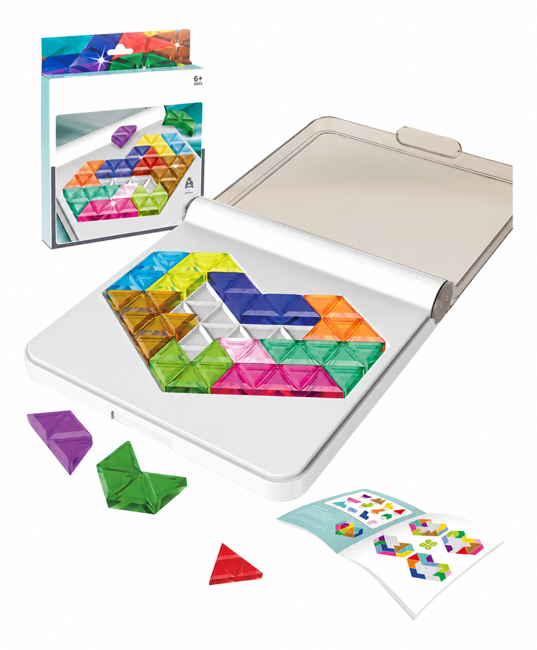 Puzzle board set with colorful geometric pieces, a clear lid, an activity booklet, and a product box