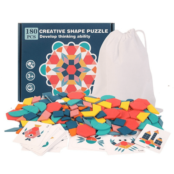 Wooden geometric puzzle set with colorful shapes, pattern cards, a box, and a drawstring bag