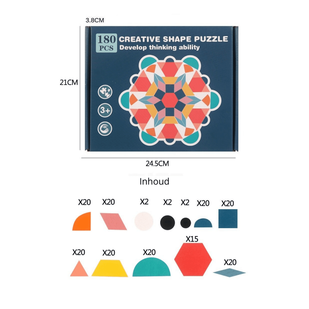 Geometric puzzle box dimensions and an illustrated breakdown of the shape pieces