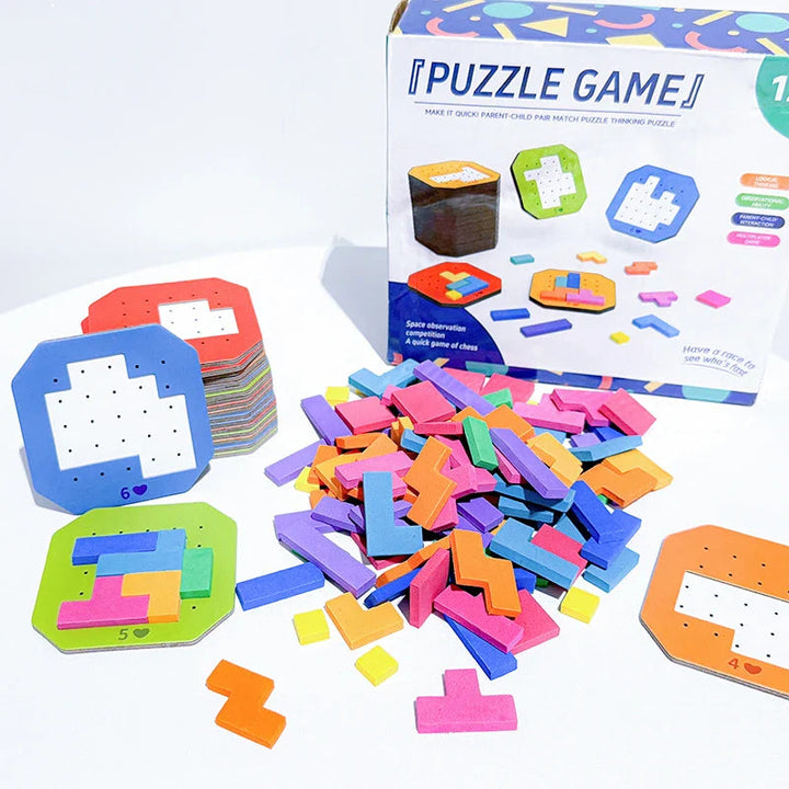 Geometric puzzle set with challenge cards, a pile of colorful pieces, and its box