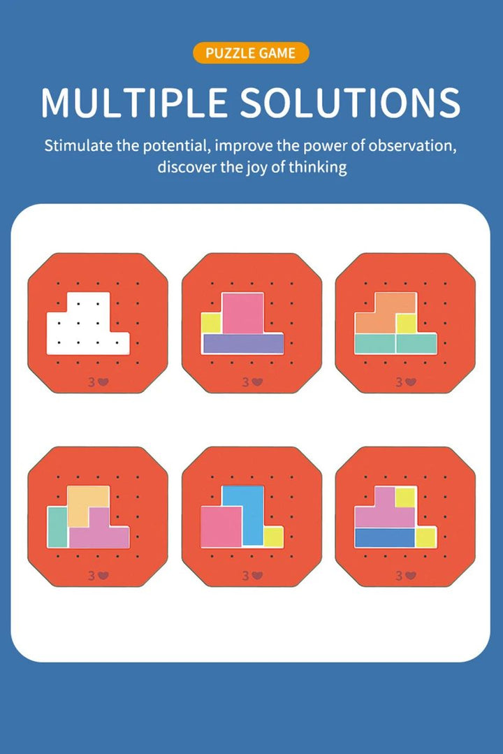One geometric puzzle card shown with five different completed arrangements