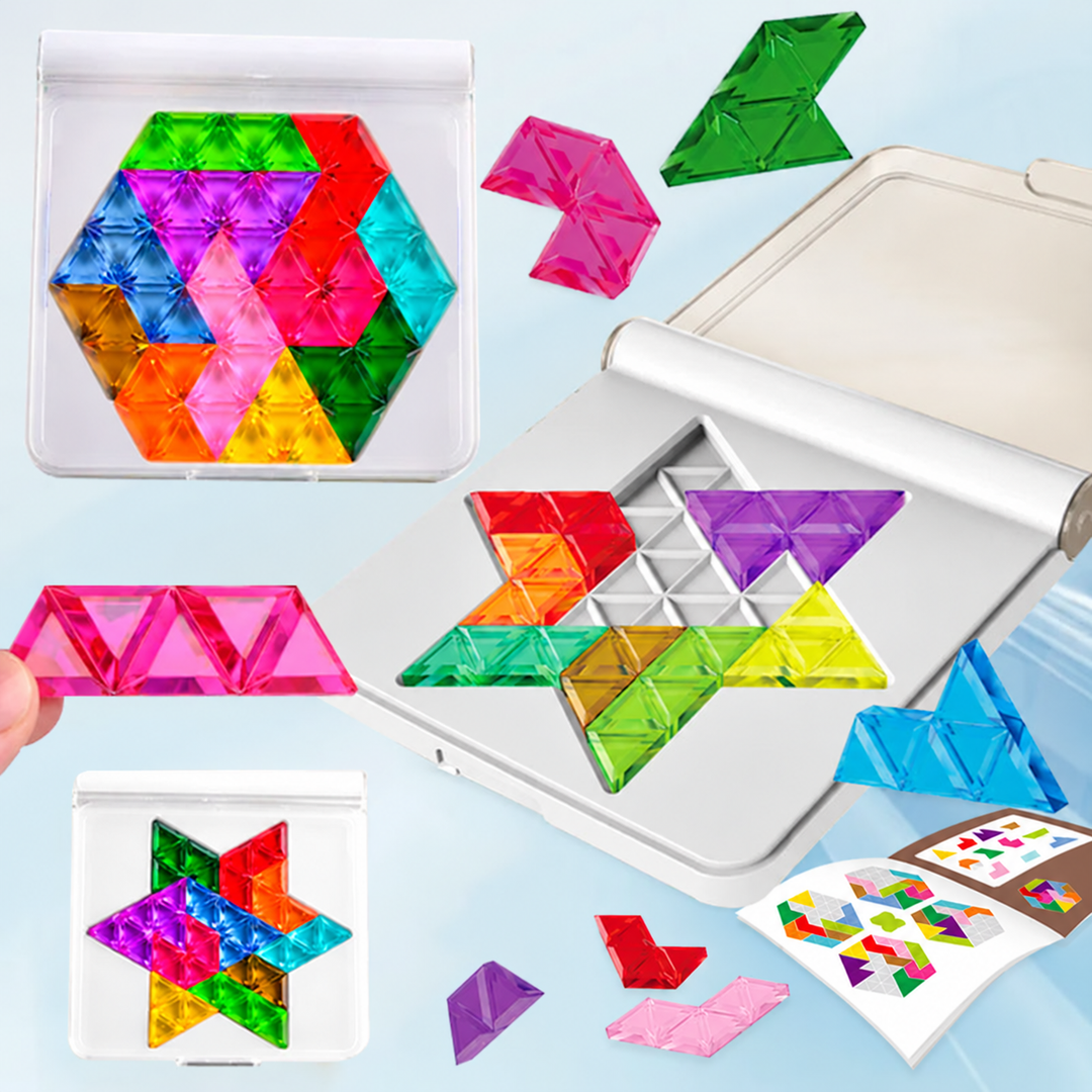 Colorful geometric pieces shown in several board arrangements with an activity booklet