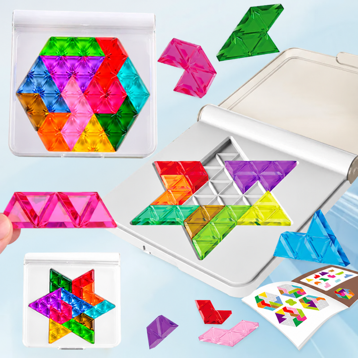 Colorful geometric pieces shown in several board arrangements with an activity booklet