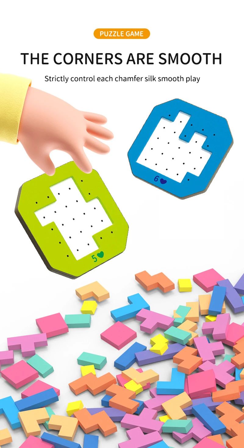 Rounded puzzle cards pictured above a pile of colorful geometric pieces