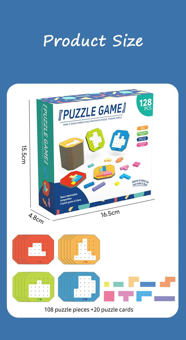 Puzzle set diagram showing 108 puzzle pieces, 20 cards, and box measurements