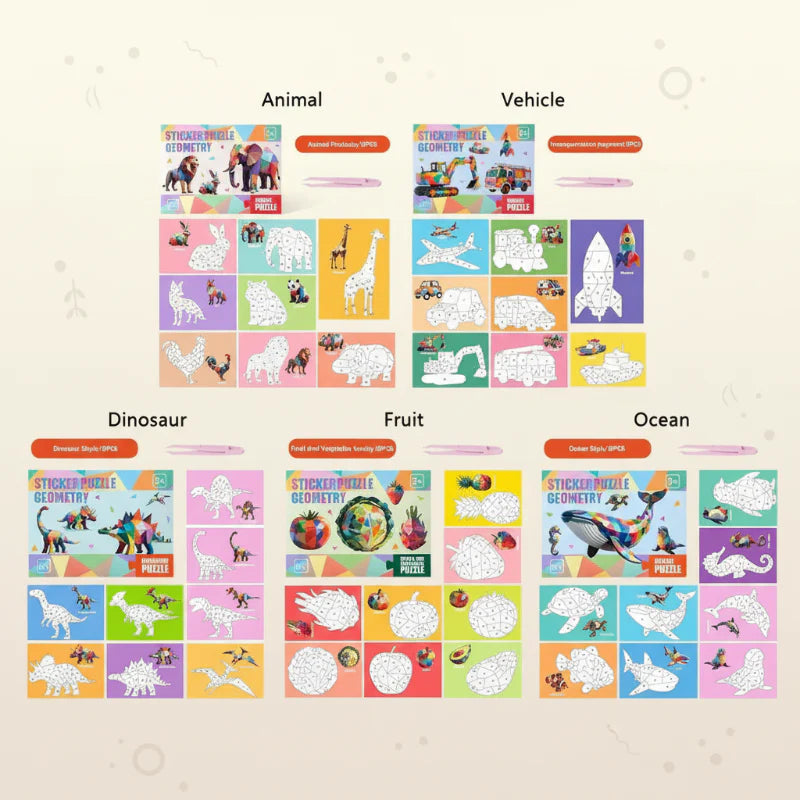 Overview of animal, vehicle, dinosaur, fruit, and ocean geometric sticker puzzle themes