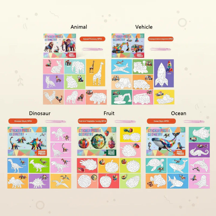 Overview of animal, vehicle, dinosaur, fruit, and ocean geometric sticker puzzle themes