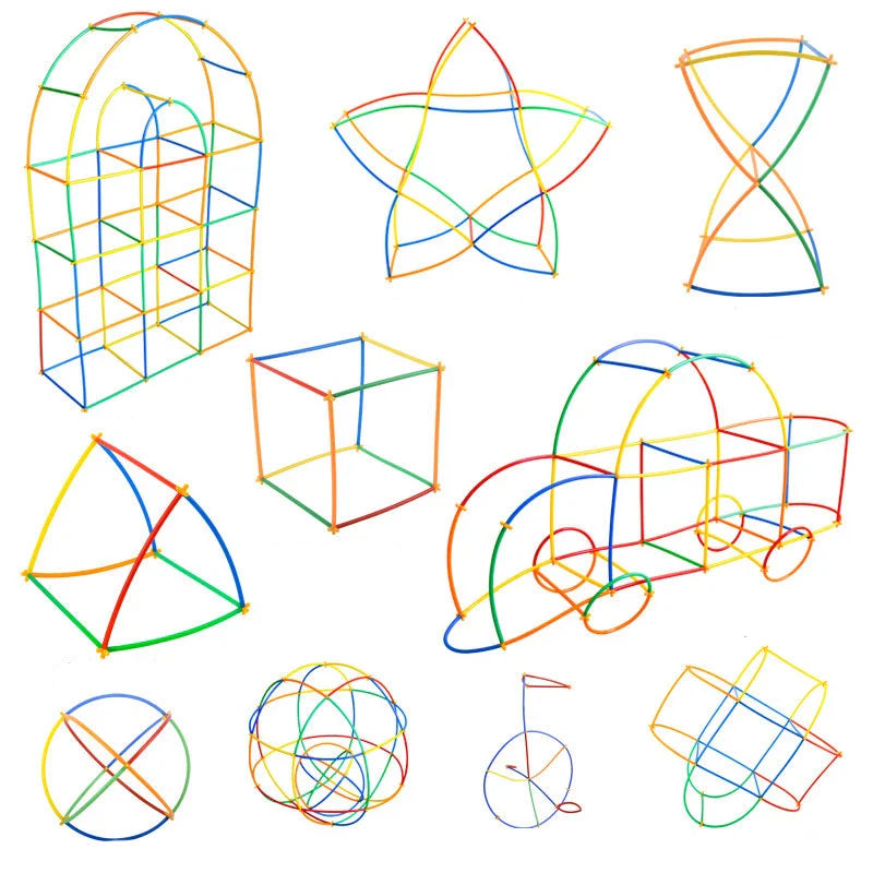 Colorful tube-and-connector models including a star, cube, train, and rounded geometric shapes