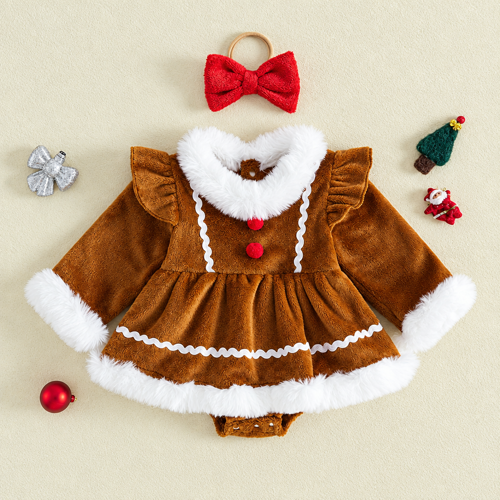 Brown gingerbread-style baby romper with white trim and a red bow headband laid flat.