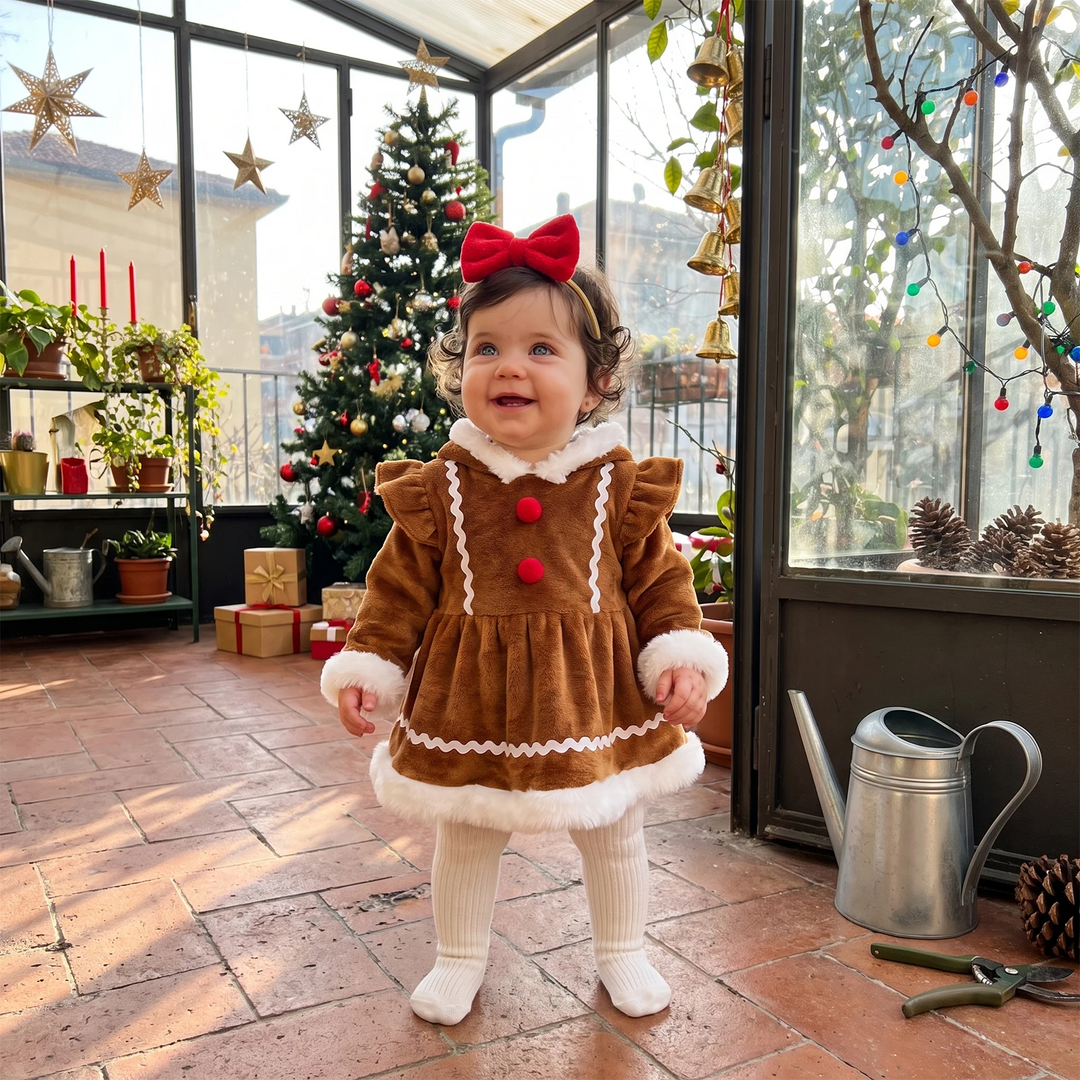 Baby wearing the festive skirted romper with white tights beside a Christmas tree.