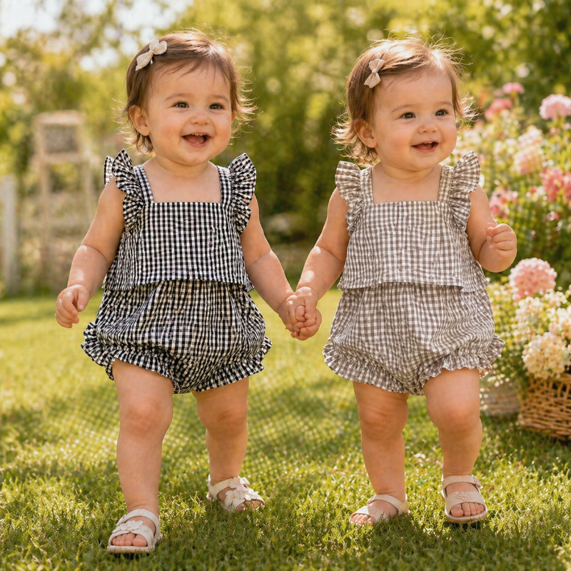 Two young children wearing Black and Coffee gingham top and bloomer sets outdoors