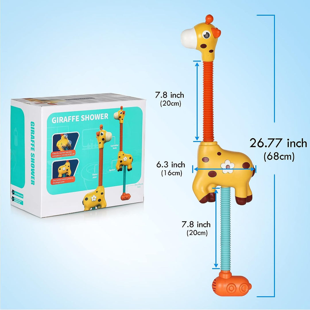 Giraffe bath toy beside its box with labeled neck, body and hose measurements