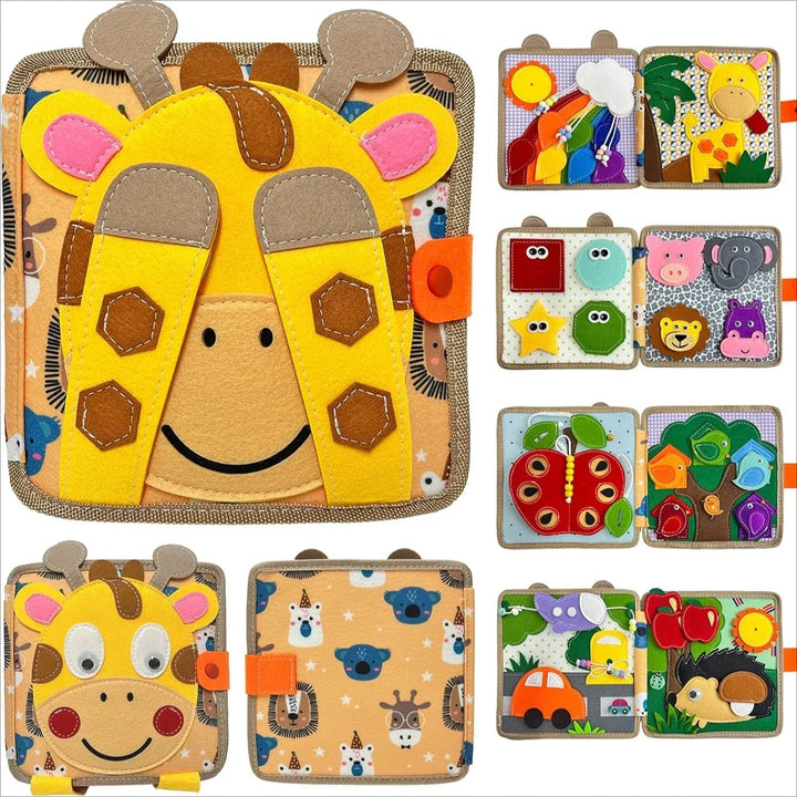 Giraffe-cover felt activity book with colorful animal, shape, vehicle, and lacing pages