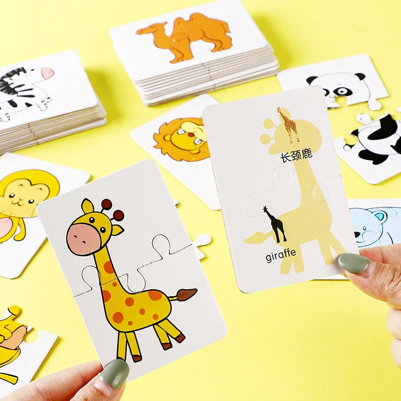 Giraffe puzzle card shown beside its labeled reverse and other animal cards