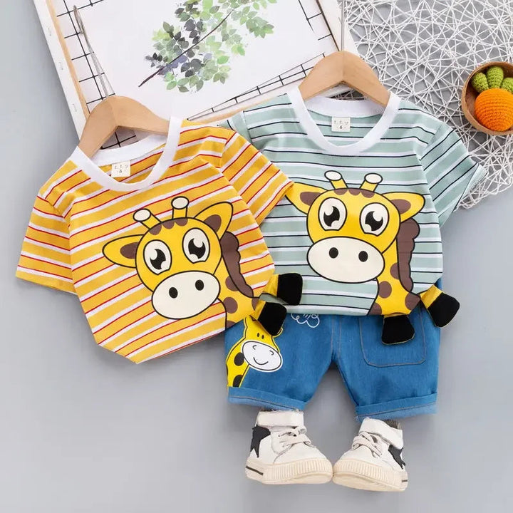 Orange and green striped giraffe T-shirts displayed with coordinating blue shorts