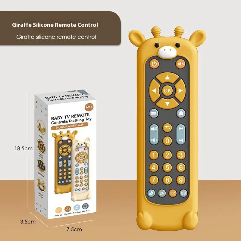 Yellow giraffe toy remote beside its retail box