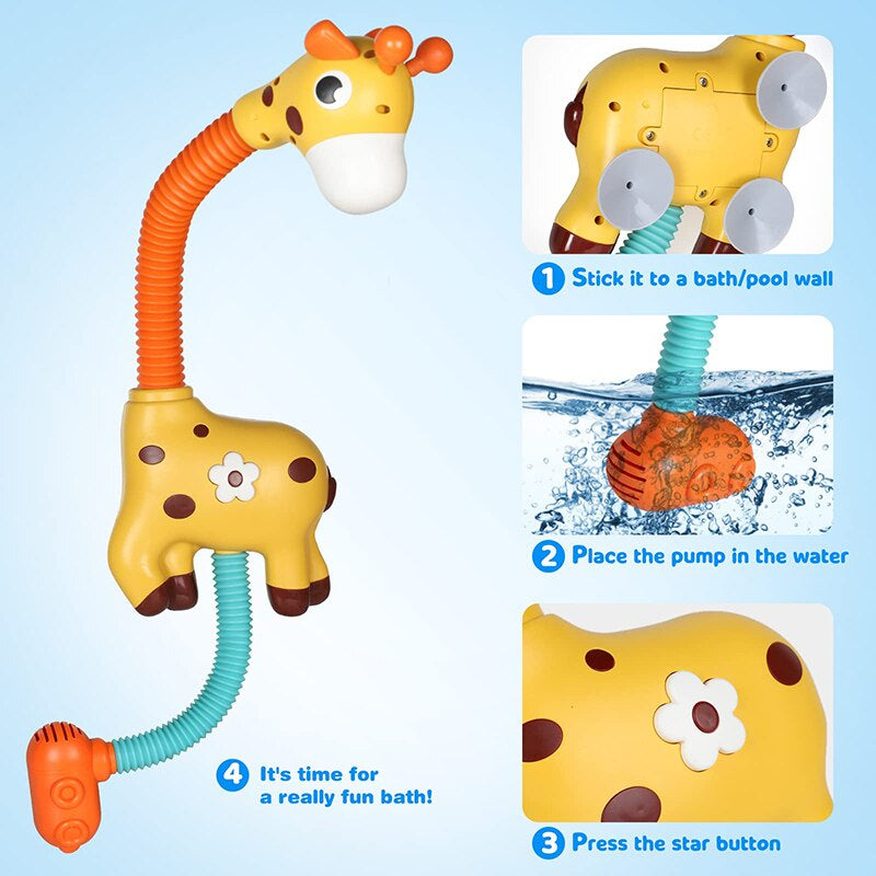 Giraffe bath toy with illustrated suction-cup mounting, submerged pump and flower-shaped start button