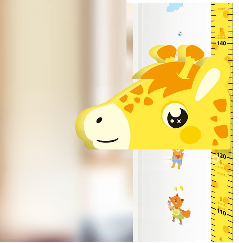 Yellow giraffe character beside a wall-mounted height scale with small animal illustrations