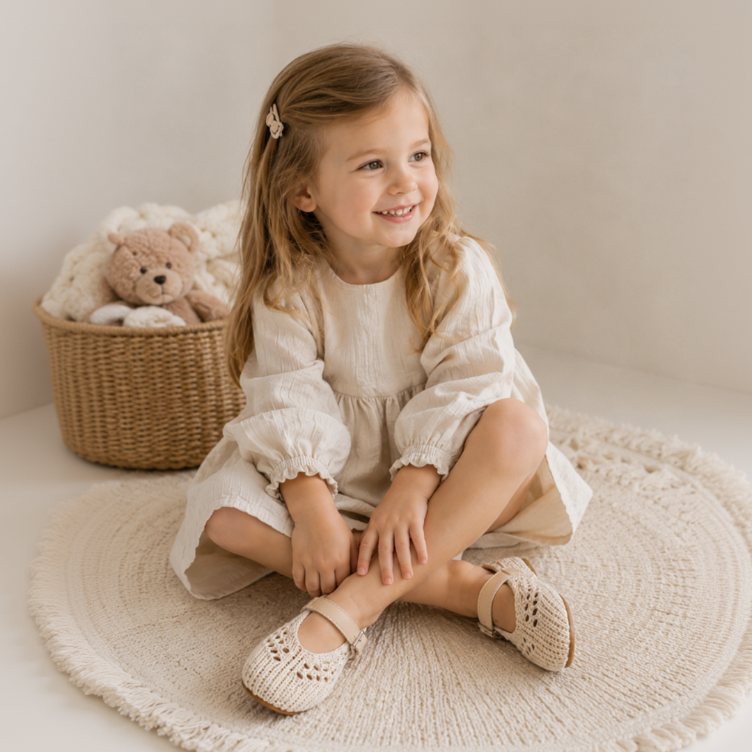 Girl wearing beige openwork Mary Jane flats with a cream dress