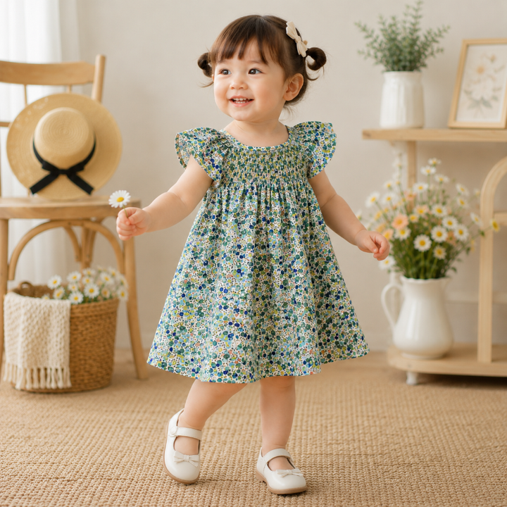 Girl wearing a blue and green floral dress with flutter sleeves and a gathered skirt.