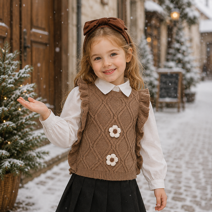 Girl wearing a brown floral knit vest over a white blouse with a dark pleated skirt