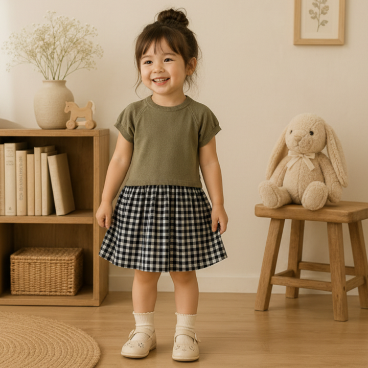 Girl wearing an olive green short-sleeve dress with a black-and-white plaid skirt.