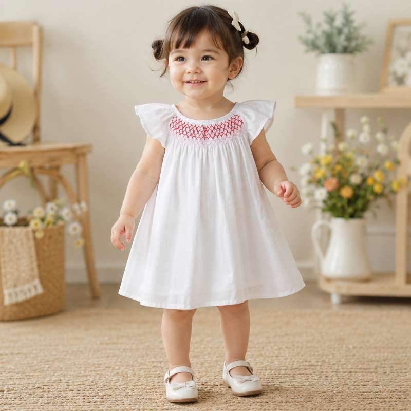 Girl wearing a white flutter-sleeve dress with pink smocking across the chest.
