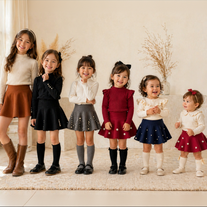 Girls lined up in A-line knit skirts in brown, black, gray, red, and navy