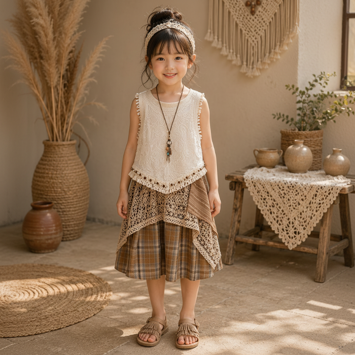 Girl wearing a cream sleeveless crochet top and brown patchwork plaid skirt with sandals