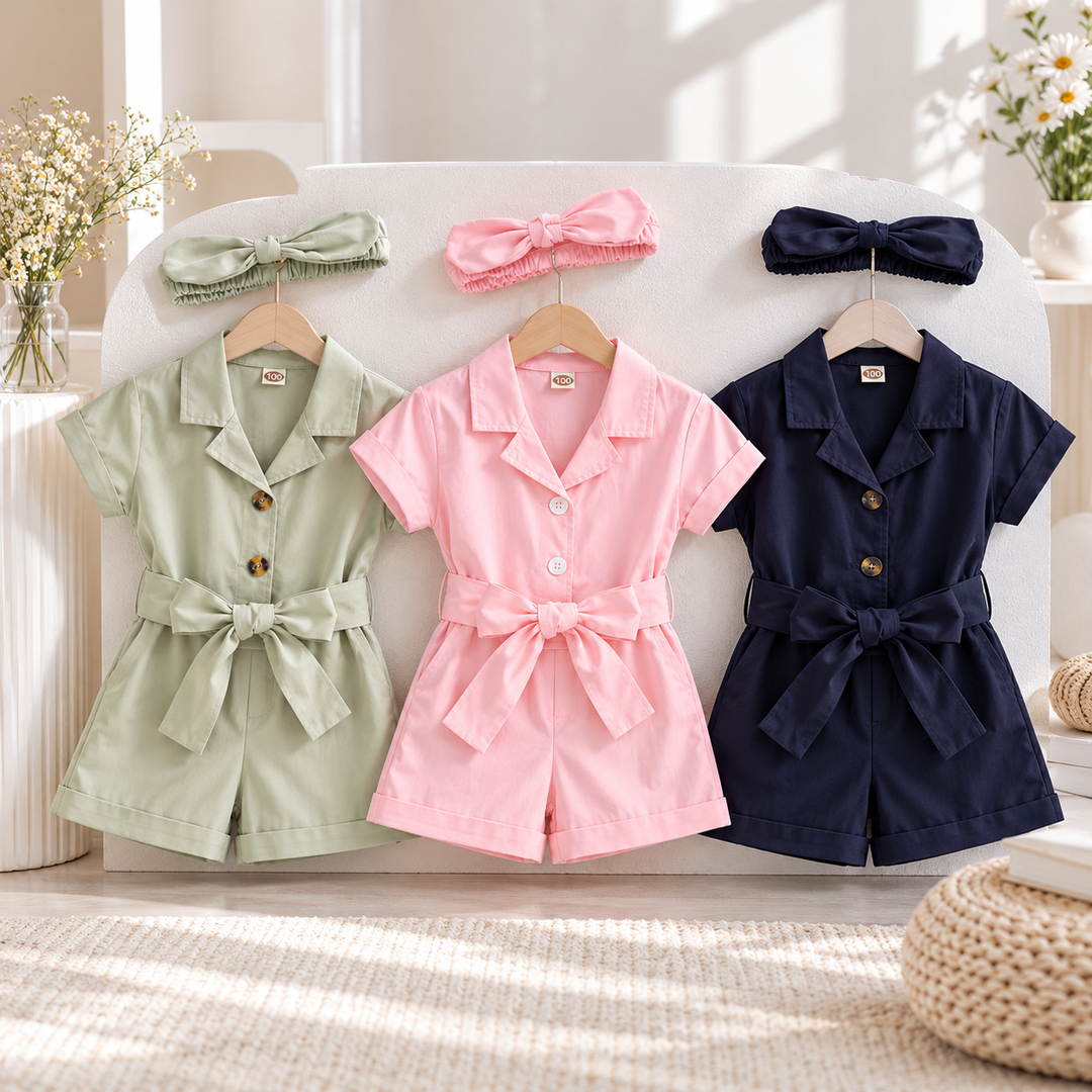 Green, pink and navy girls' bow-waist rompers displayed on hangers