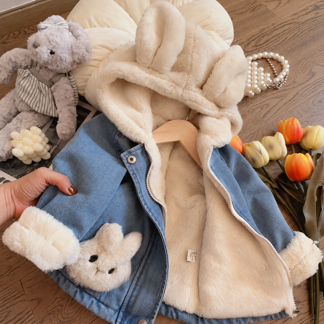 Open blue bunny denim jacket showing cream teddy lining, plush cuffs, and a bunny-ear hood
